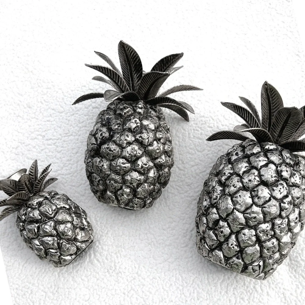 Tropoical Pineapple Candle Holder Trio Textured Heavy Silver 3pc‎ Vintage 4.5#